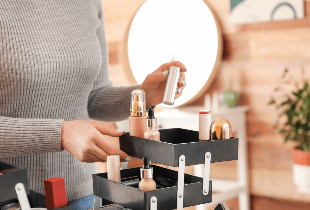 makeup stored neatly in stacking box