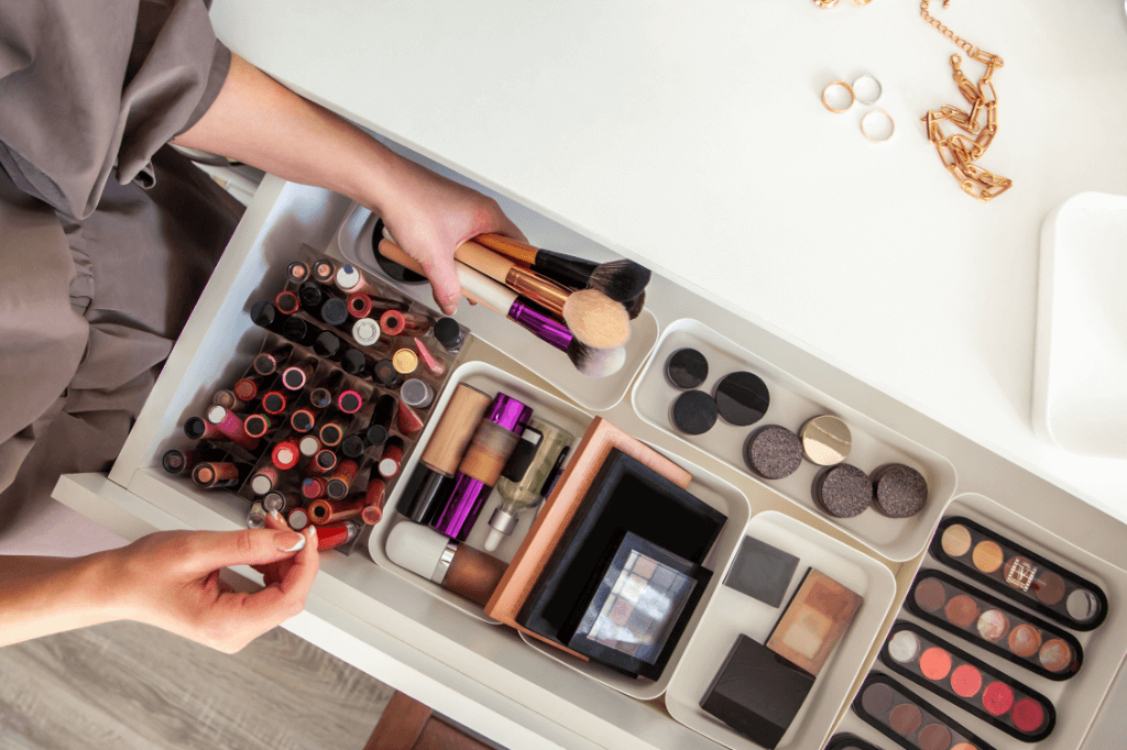 makeup neatly stored in drawers