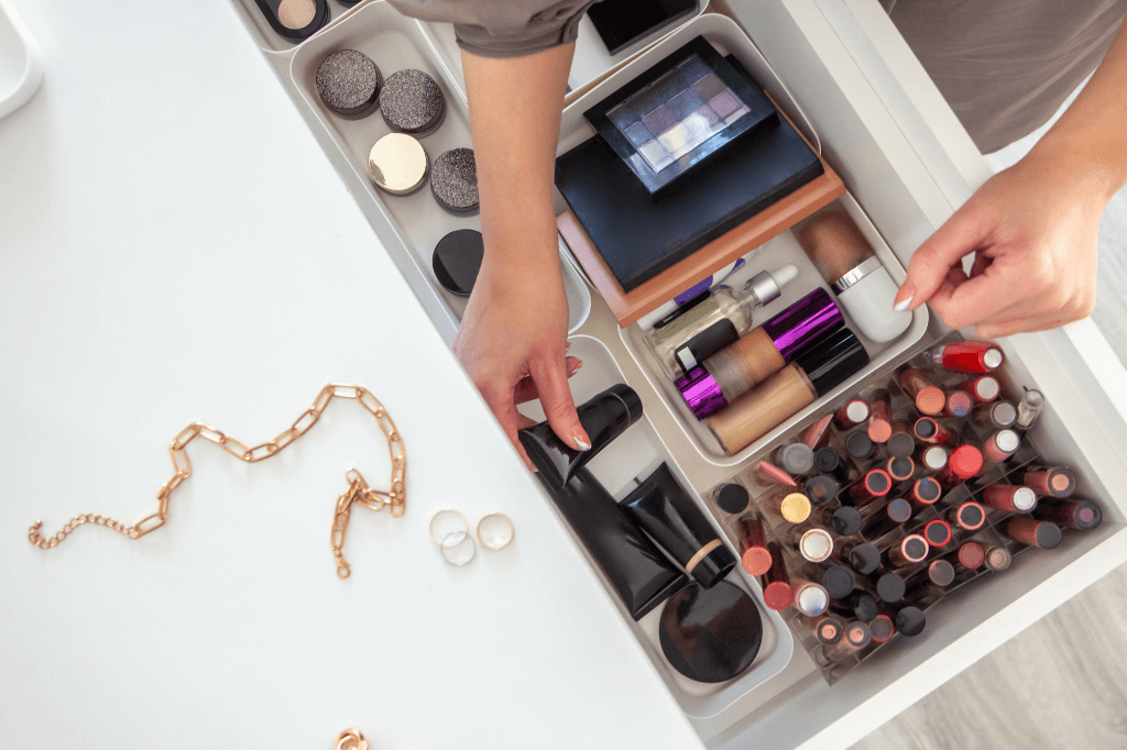 makeup stored neatly in drawers