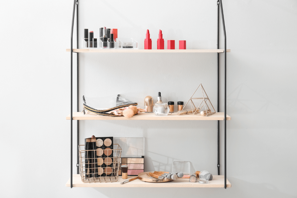 makeup stored neatly on shelves
