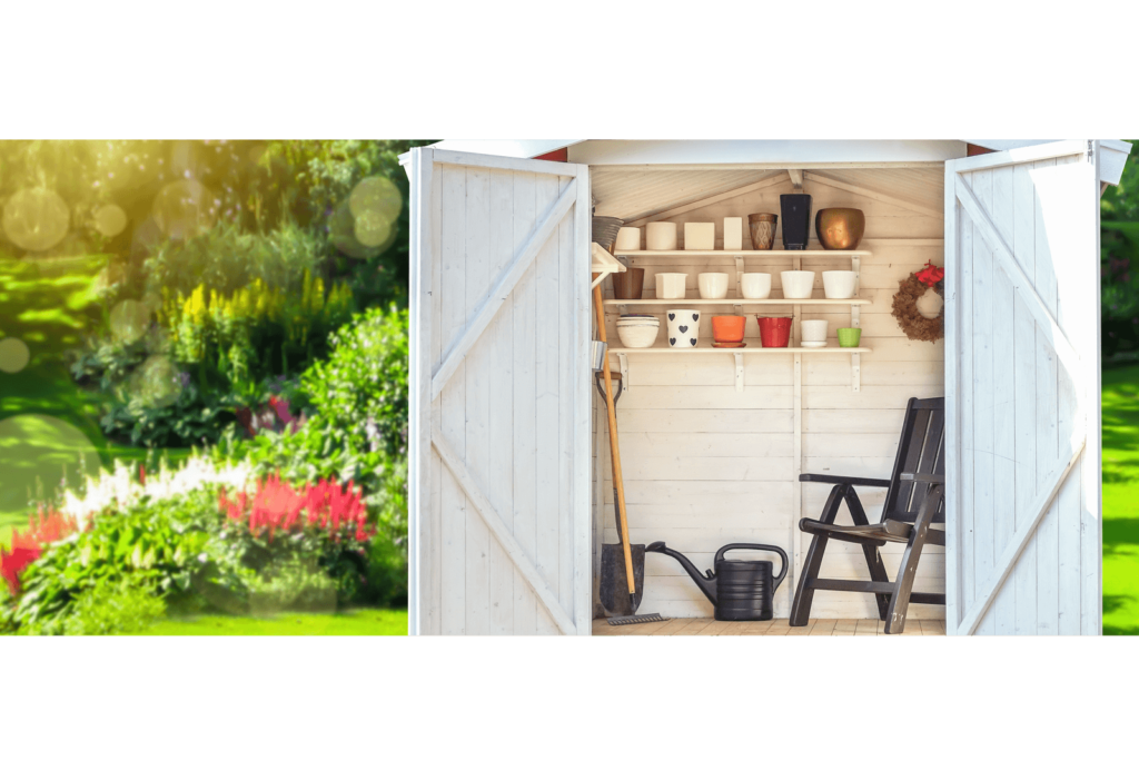 A shed in a sunny garden with the doors open displaying a tidy arrangement of garden tools.
