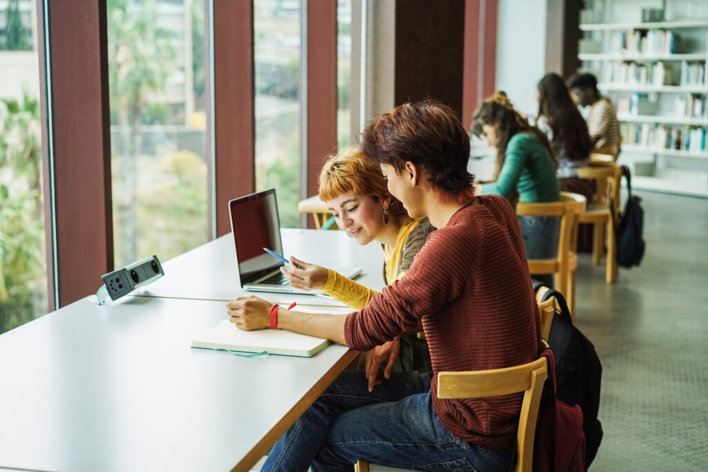 Two students at a university in London studying with a laptop.