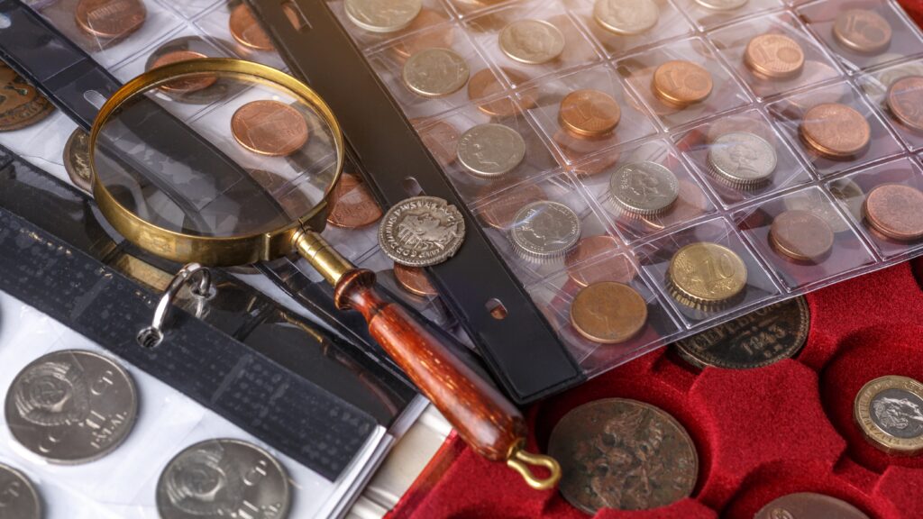 An image of a collection of coins and a magnifying glass.